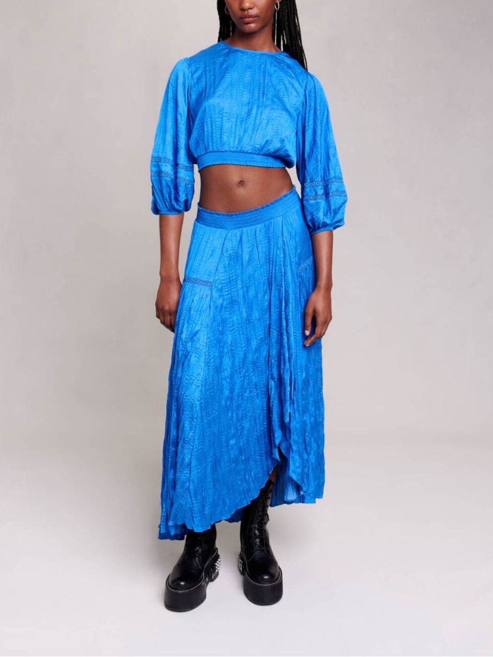 Maje Satin Effect Pleated Blue Midi Skirt